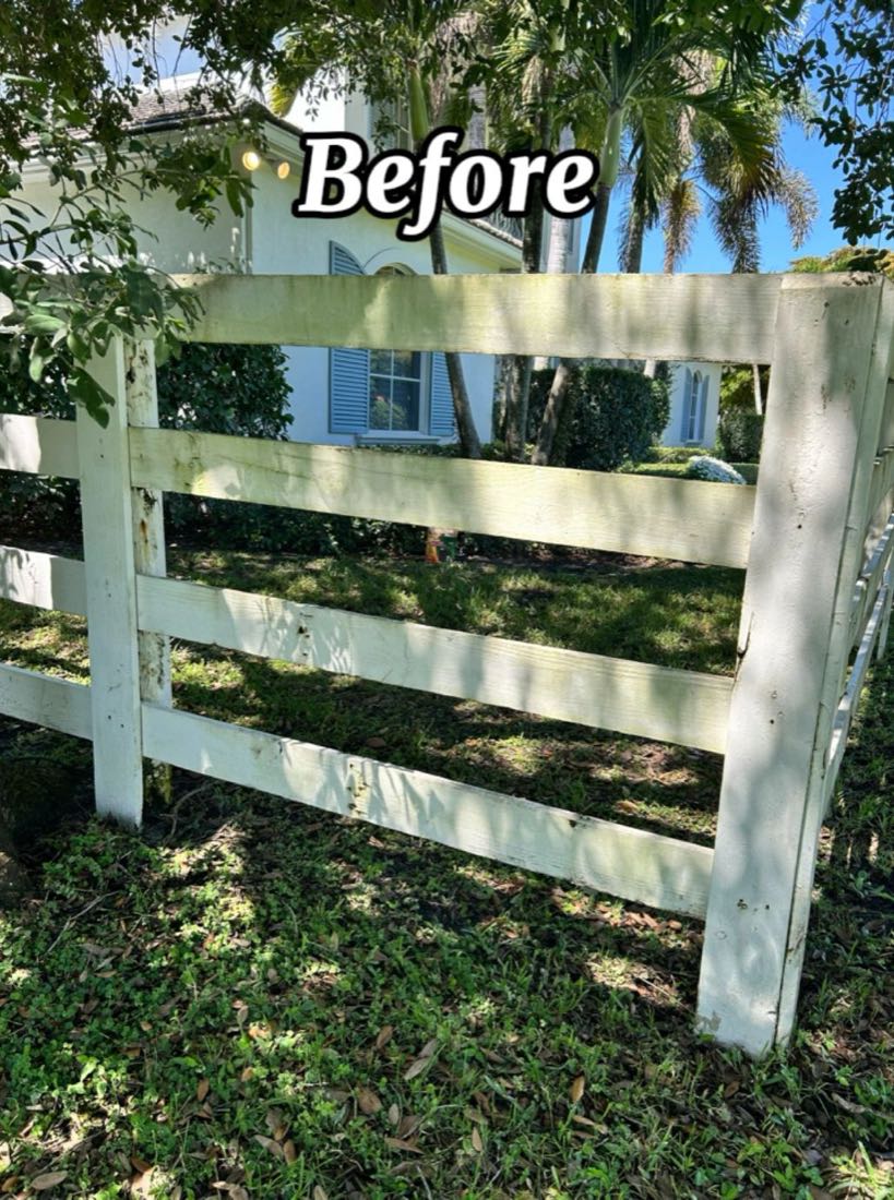 Before: a white post-and-rail fence streaked with green algae and dirt