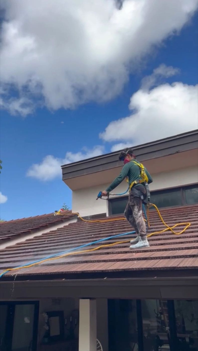 Michael in a safety harness soft washing a tile roof under a blue sky