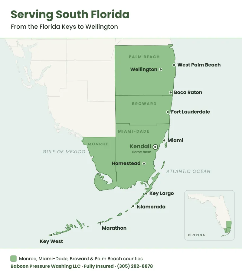 Map of South Florida with Monroe, Miami-Dade, Broward and Palm Beach counties shaded green, marking Key West, Marathon, Islamorada, Key Largo, Homestead, Kendall, Miami, Fort Lauderdale, Boca Raton, West Palm Beach and Wellington